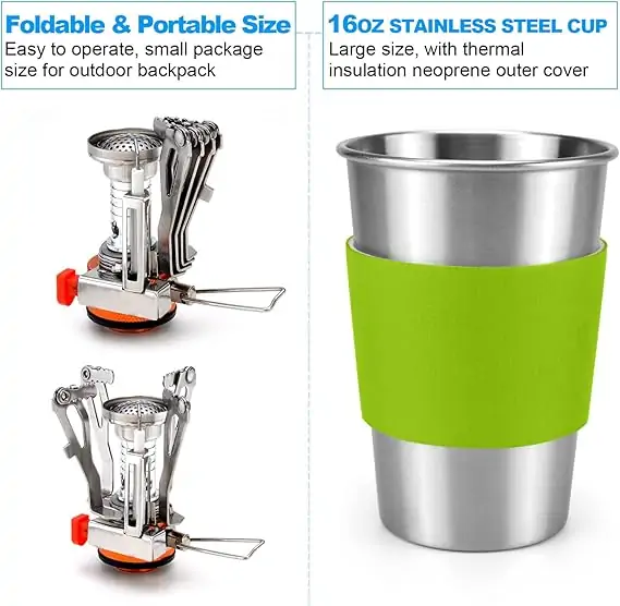 Odoland Camping Cookware Stove Carabiner Canister Stand Tripod and Stainless Steel Cup, Tank Bracket, Fork Spoon Kit for Backpacking, Outdoor Camping Hiking and Picnic - Image 2